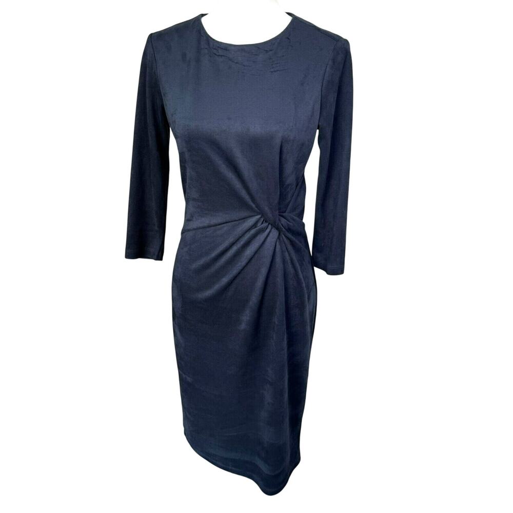 J.MCLAUGHLIN Size XS Navy Blue Faux‎ Suede Wrap 3/4 Sleeve Lillian Midi Dress